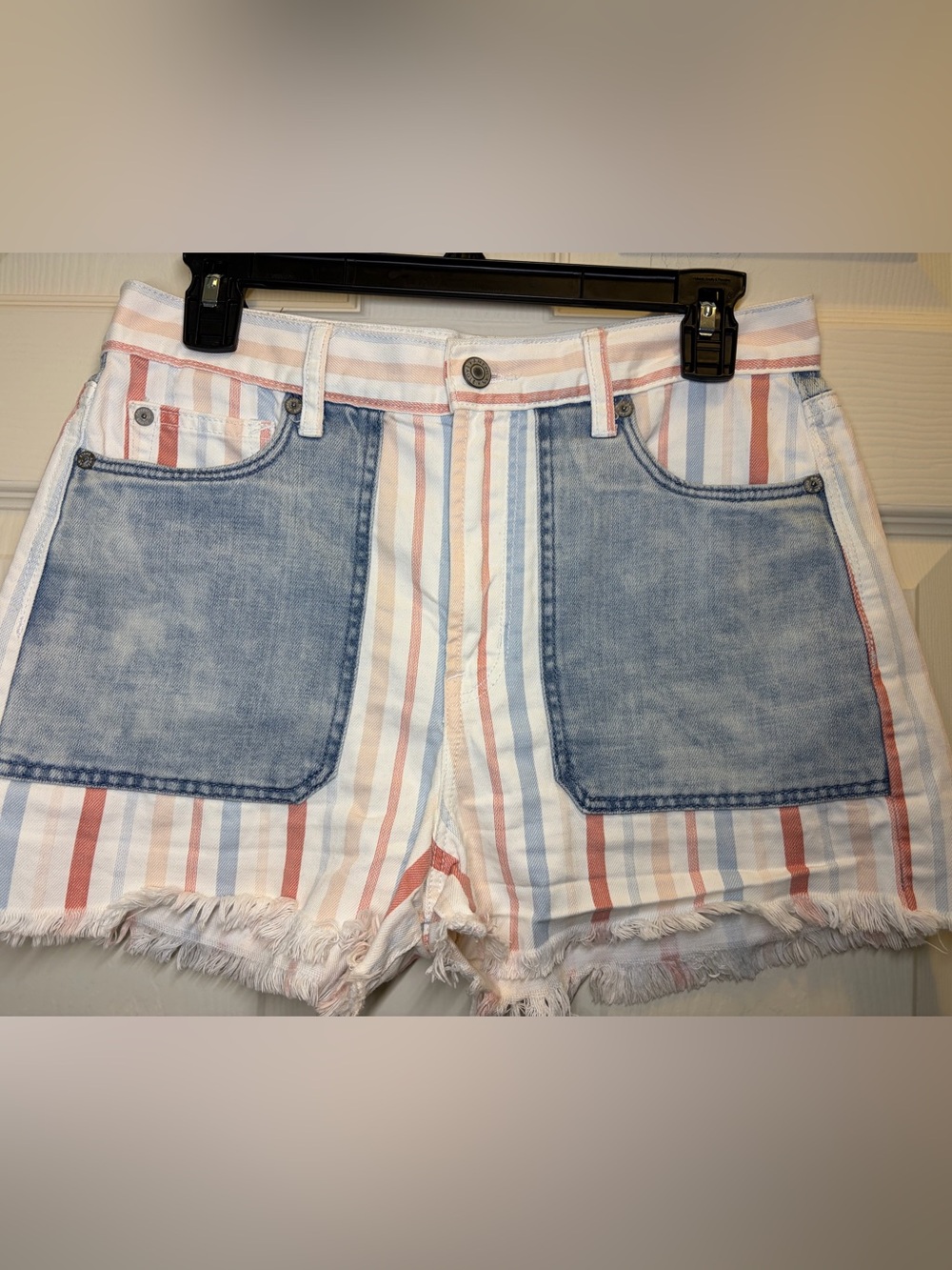 American Eagle Outfitters Striped Denim Patch Pocket Shorts Perfect for July 4